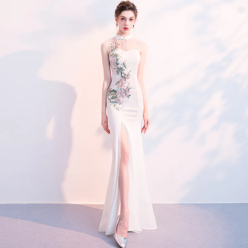 White Beauty Emily, длинные кружевные вечерние платья с высоким воротом, шифоновые платья с цветочной аппликацией без рукавов с высоким разрезом, платья для выпускного вечера, Vestido de noche - Цвет: White