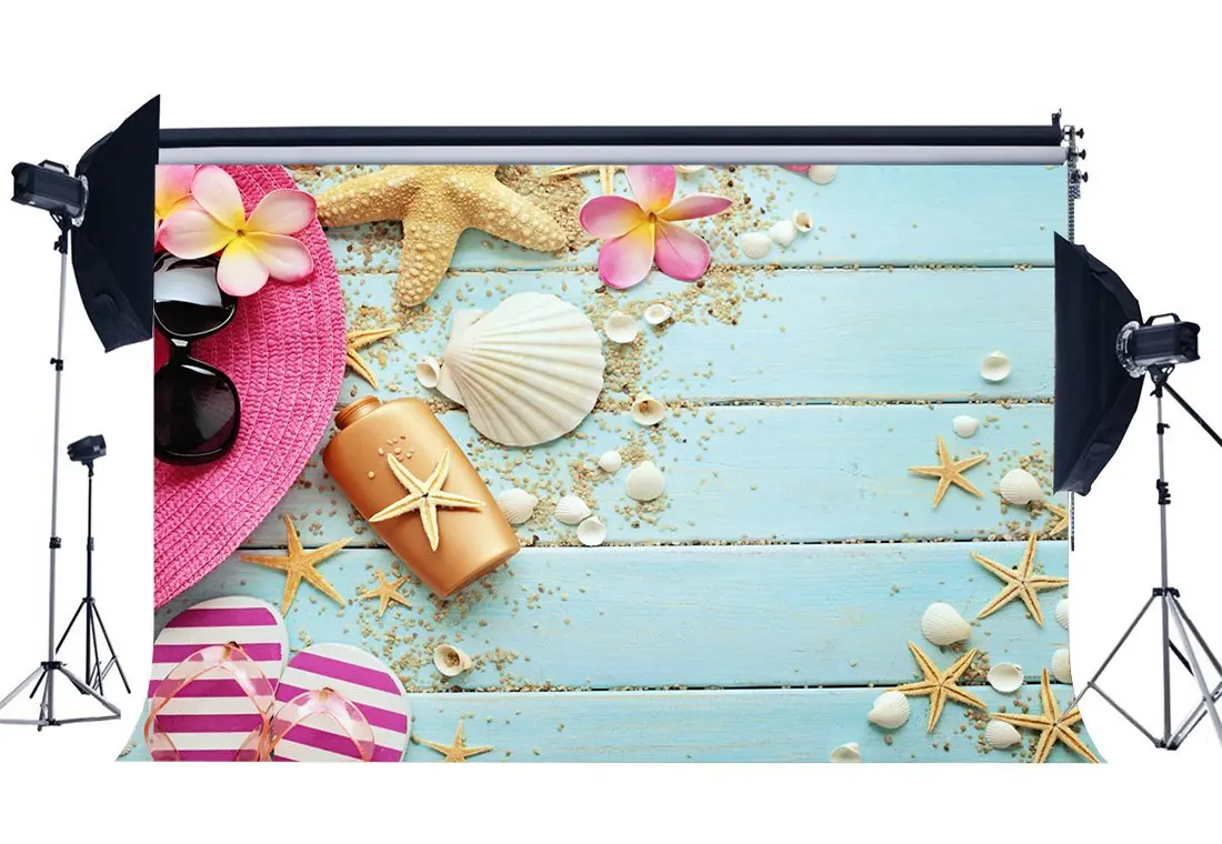 

Summer Holiday Journey Backdrop Seaside Starfish Shells Woman Hat Fresh Flowers Slipper on Stripes Background