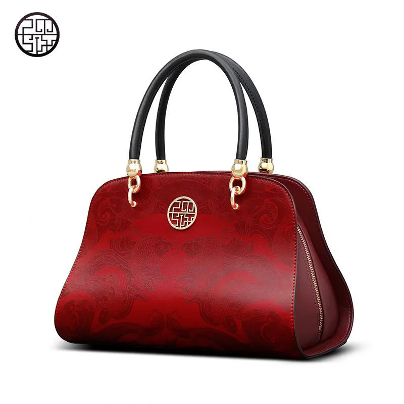 Best 2019 new fashion Chinese leather cowhide female bag red large bag dinner portable shoulder bag large package more than ever