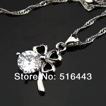 

Hot Selling 6pcs 18K White Gold P Silver Cubic Zircon Fashion Womens The clover Necklace Pendant Wholesale Fine Jewelry A-859