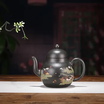 

Yixing Raw Ore Dark-red Enameled Pottery Teapot Famous Manual Make Green Mud Painting Pot 255 Milliliter