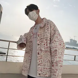 Длинные повседневное хип хоп Harajuku Кнопка Мужская весенняя куртка свободные Корейский Японский уличная Письмо печати Ceket Erkek пальто для