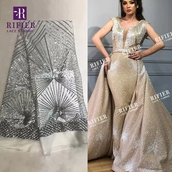 

Geometry Sequined Design Silver Color African French Sequins Net Lace Fabric 2018 High Quality Evening Party Women Dress Laces