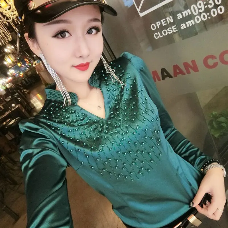 

2019 summer new beaded women blouse v-neck long-sleeved slim solid sexy lady shirts diamond design fashion outwear tops