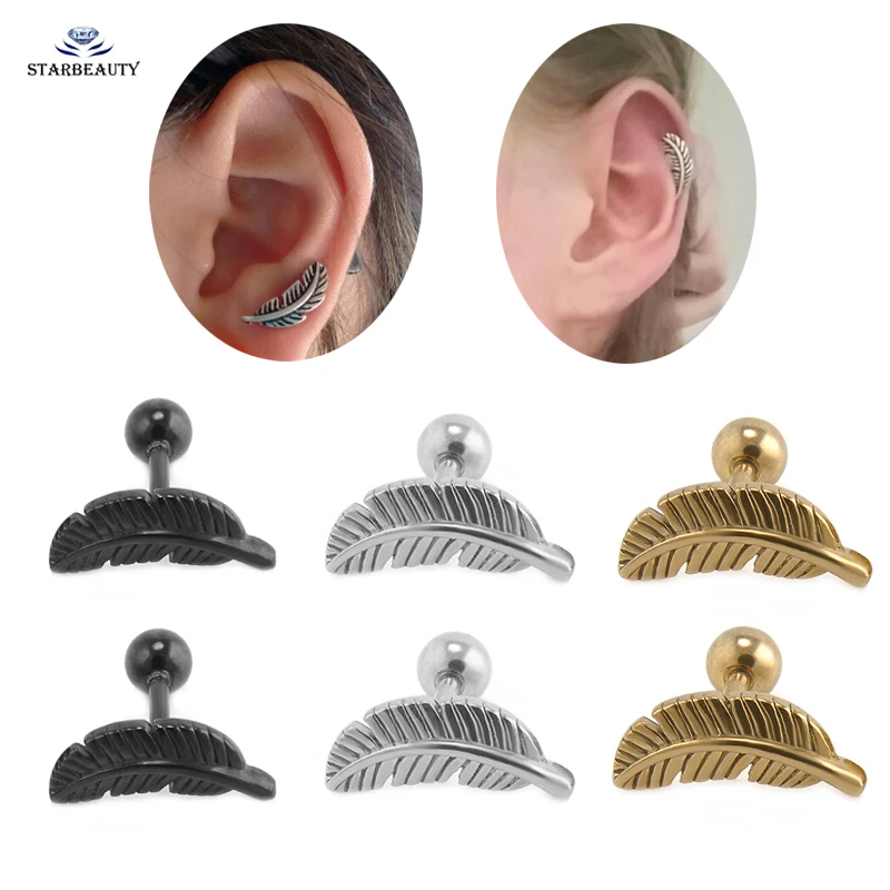 2pcs/lot Cute Leaf Cartilage Earring Ear Piercing Oreja 16G Stud Earrings Pircing Feather Tragus Piercing Helix Piercing Jewelry|cartilage piercing|feather tragustragus piercing - AliExpress