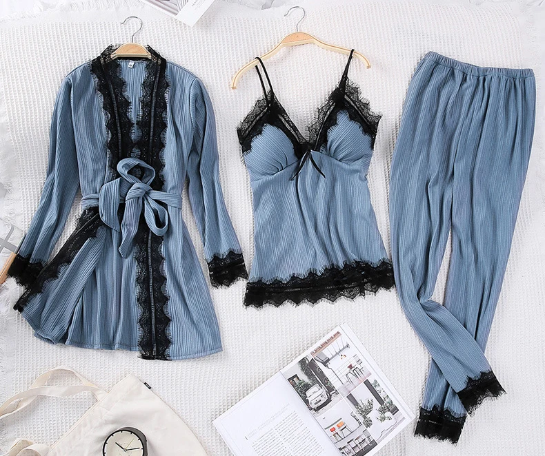 Queenral 3PCS Pyjama Femme Long Sleeve Pijama  For Women Sleepwear Set Home Clothes Pajamas Sets Sexy Lace Robe Pajamas         11