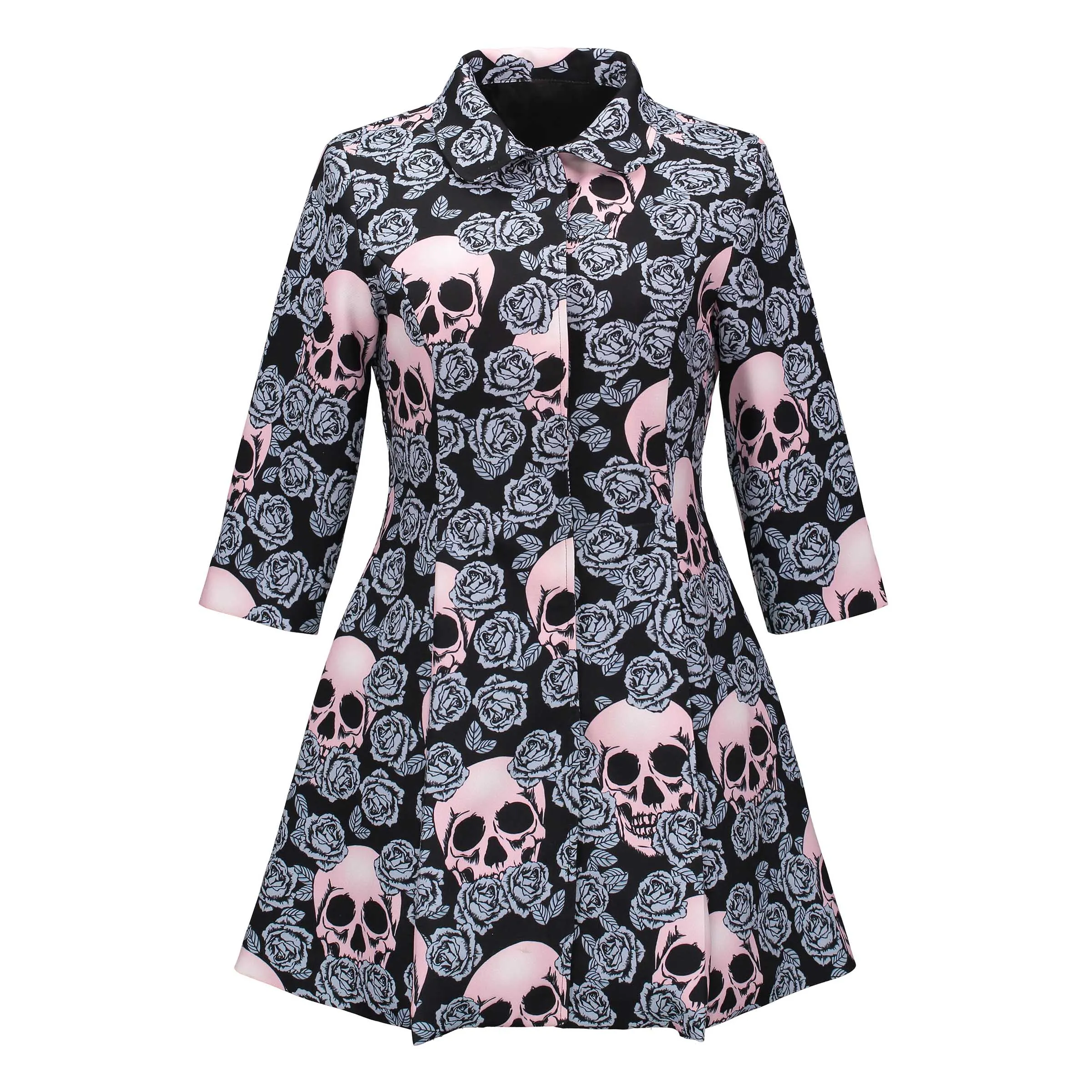 Ideal Gothic skull jacket Women Winter Autumn rose pink elegant Jacket Mid-long Outerwear button plus siz
