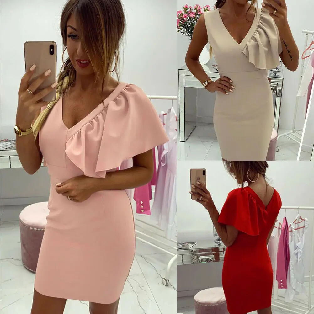 

Elegant Women V Neck Ruffles Stitching Solid Bandage Bodycon Casual Sleeveless Evening Party Clubwear Mini Dress Vestidos