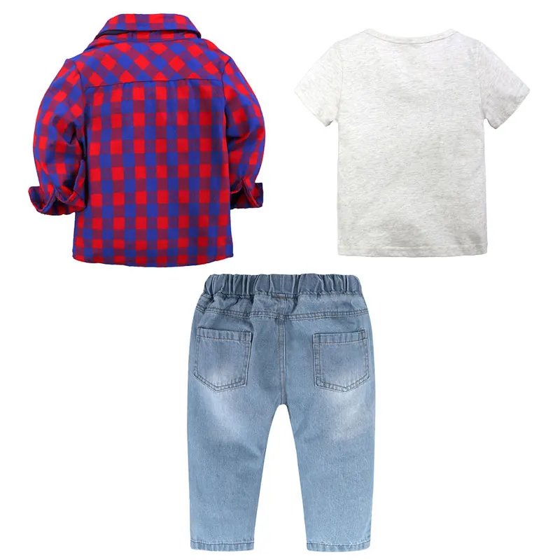3 Pcs Set Kids Clothes Summer Autumn Toddler Boy Clothes Suits Long Sleeve Plaid Shirt+Short Sleeve Tops+Jeans Children Clothing