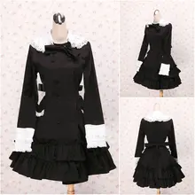 Freeshipping! V-1028 Schwarz Rüschen Knie-Länge langen Ärmeln Gothic Lolita Kleid Schuluniform cosplay Cocktail Kleid alle Größe
