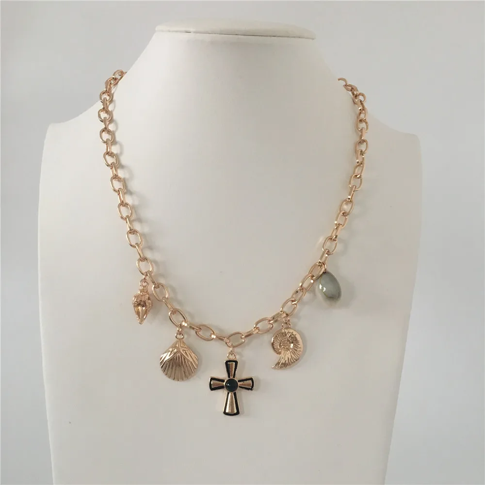 

TRENDY GOLD COLOR PLATING NATURAL SHELL METALLIC SHELL CROSS CHARM NECKLACE FOR WOMEN GIRL