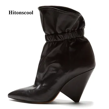 

Autumn Winter 2019 New Spike Heels Women Ankle Boots Leather Pointed Martin Boots Sexy Tide Red Black Pleated Women Shoes