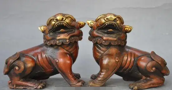 

S01167 Chinese Bronze Gilt Feng Shui Foo Fu Dog evil Guardion Door Lion Statue Pair