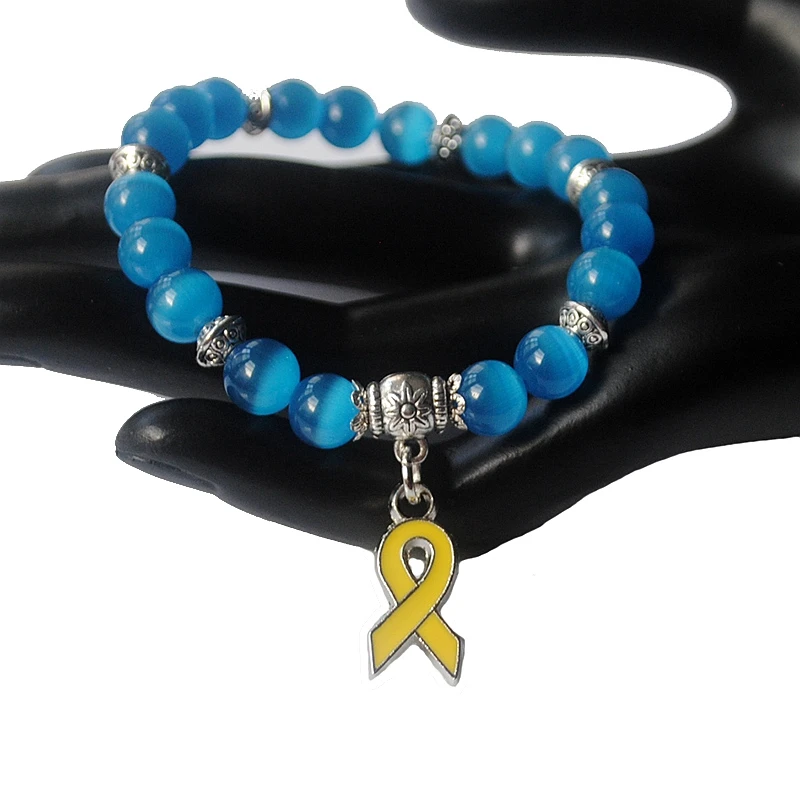 

Summer style cat eye opal beads elastic rope bracelets & bangle breast cancer awareness yellow ribbon charm bracelet XY160376