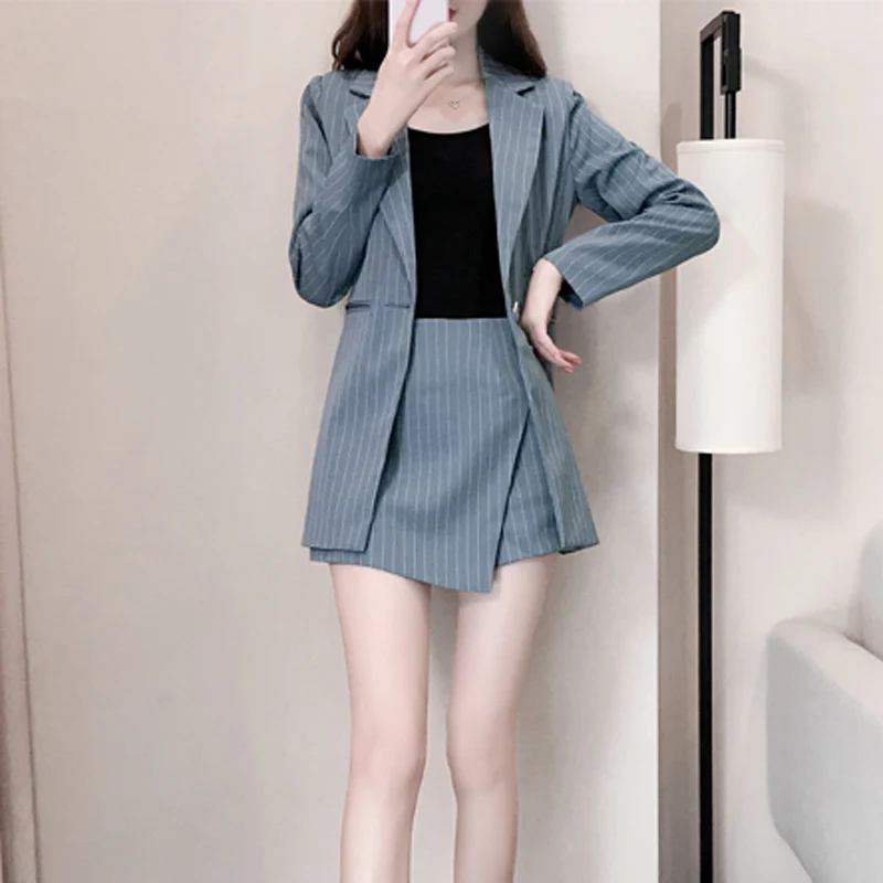 Fashion Women Skirt Suits One Button Notched Striped Blazer Jackets and Slim Mini Skirts Two Pieces OL Sets Female Outfits 2018