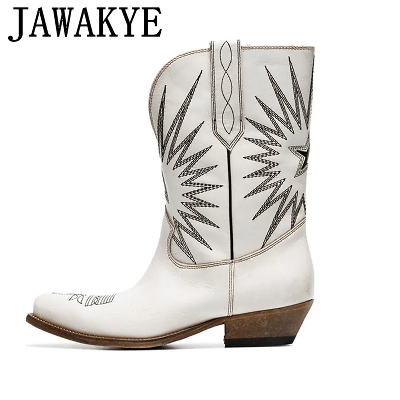

Vintage Ivory Embroidery Leather Boots Wooden Effects Block Heel Cowbory Knight Boots Mid Calf Length Slip On Winter Shoes Women