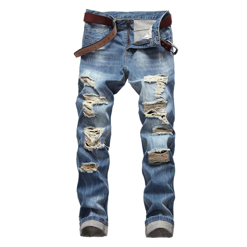

Male Shredded Jeans Slim Straight Light Blue Denim Pants Plus Size Washed Pleated Ripped Jeans for Men Mid Waist Hole Jeans Men