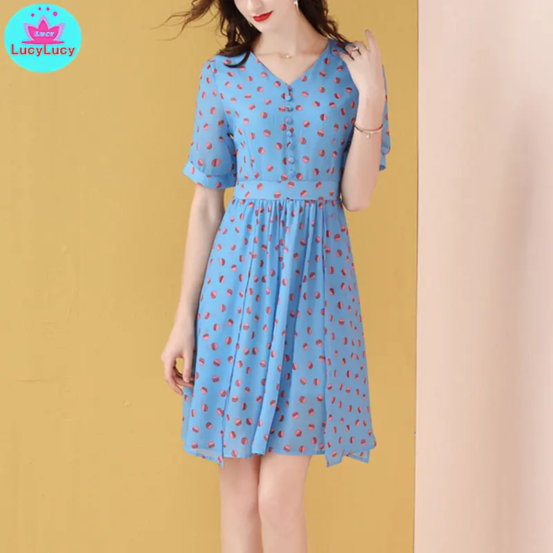 

2019 summer new women's slim A word V-neck blue chiffon wave dress Knee-Length Zippers Short