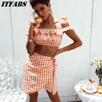 

Fashion Plaid Summer Clothes Set For Women Bandage Suspenders Sleeveless Crop Tops+Evening Party Club Short Mini Dress Outfits