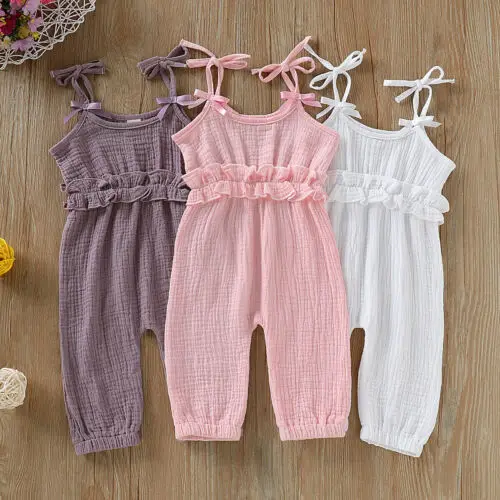 

Baby Girl Clothes Strap Sling Bow Jumpsuit Ruffled Sleeveless Playsuit Solid Cotton Outfits
