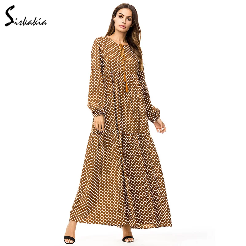 

Siskakia polka dot print maxi long dress plus size slim swing dresses round neck long sleeve basci dress Autumn 2018 women 3XL