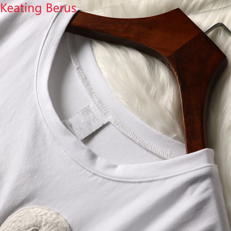 2019 Summer Women's Two-piece White Short-sleeved Round Neck Swan T-shirt Long Section Denim Stitching Mesh Skirt Two-piece Suit