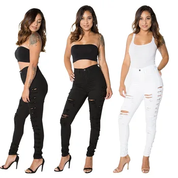 

Summer new fashion casual women's trousers personality hole hole pants high waist women jeans sexy feet women jeans