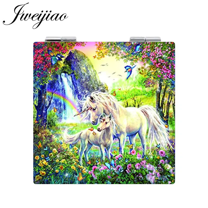 

JWEIJIAO Unicorn Art Photo Printed PU Leather Square shaped 1X/2X Magnifying Folding Mini Pocket Mirror Vanity espejo Mirror