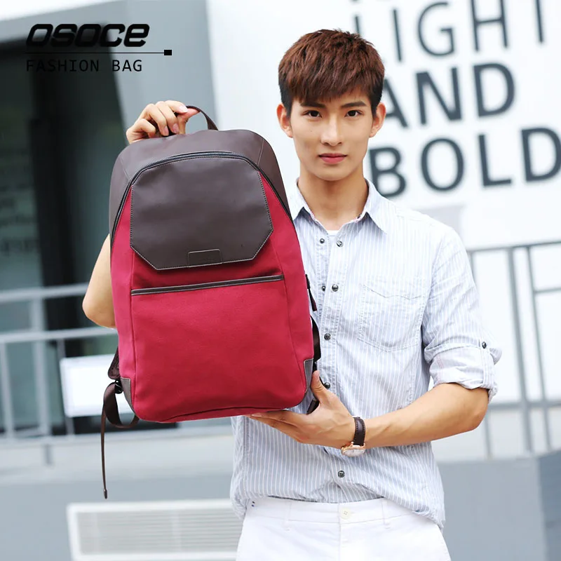 

OSOCE Men Backpack Shoulders Bags Korean Canvas Laptop Leather Fashion Street Office School Brand Blue Black Tablet PC Book Bag