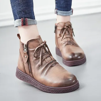 

CHAISHOU autumn and winter new first layer leather Martin boots women's national wind flat boots ankle boots for women Feminina