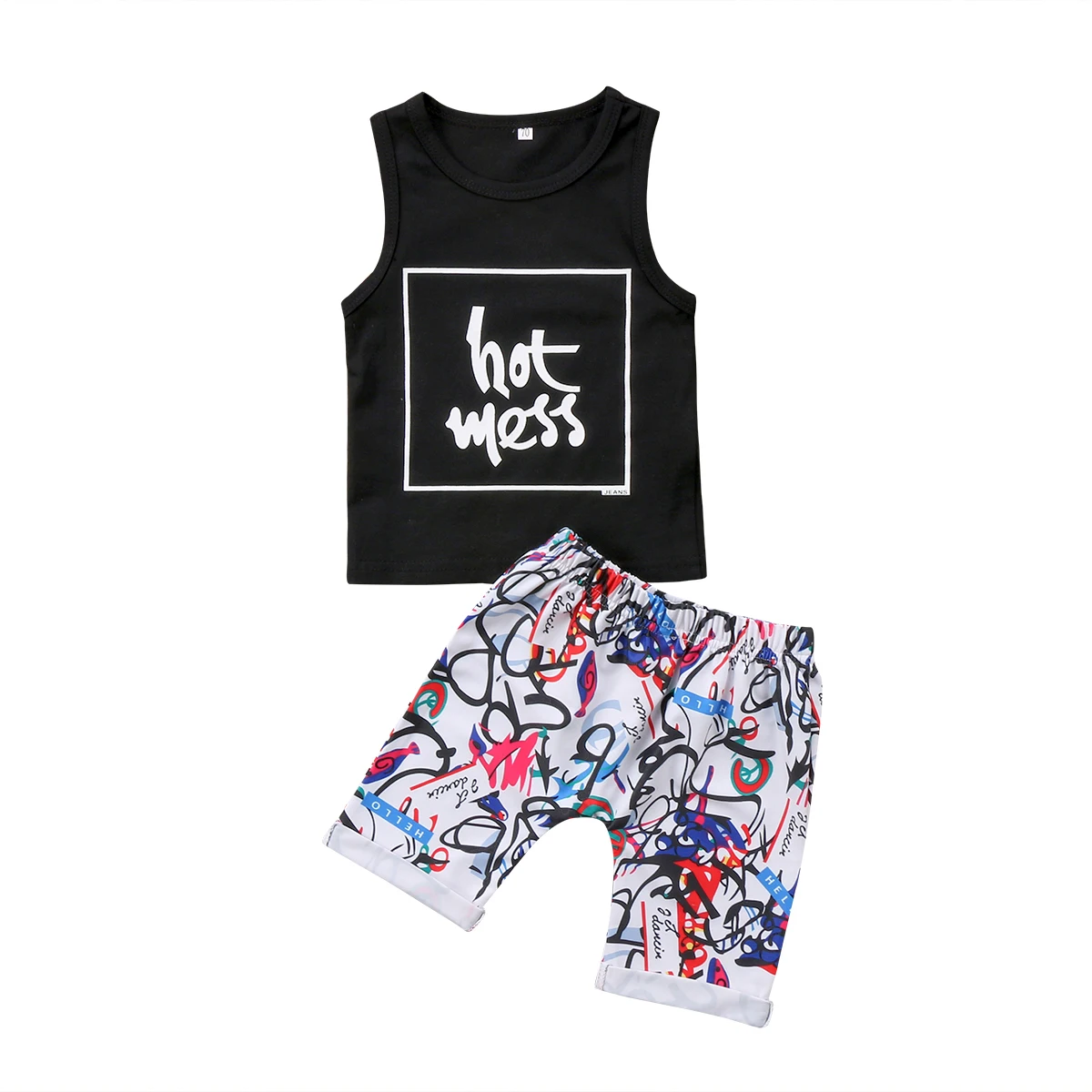 2018 Newborn Kid Baby Boys Outfit Sleeveless Letters Hot Mess Black Clothes T-shirt Tops+Short Trousers Set Summer Clothing |