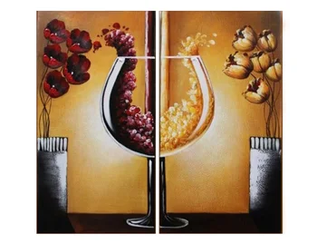 

2 Panel Hand Painted Modern Oil Paintings Still Life Wine Flowers Canvas Wall Art for Living Room Stretched Framed Ready to Hang