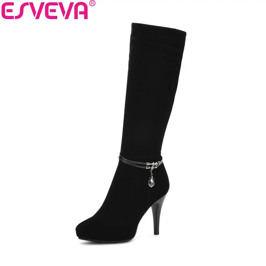ESVEVA 2018 Classic Women Boots Zipper Suede Knee-high Boots Thin High Heel Pointed Toe Winter Ladies Long Boots Size 34-39 ESVEVA 2018 Classic Women Boots Zipper Suede Knee-high Boots Thin High Heel Pointed Toe Winter Ladies Long Boots Size 34-39