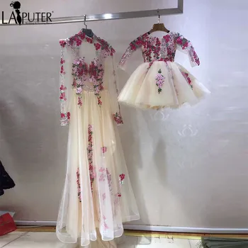 

Real Photos Champagne White Tulle Flowers Embroidery Lace Evening Prom Dresses Long Mother and Daughter Party Dress Formal