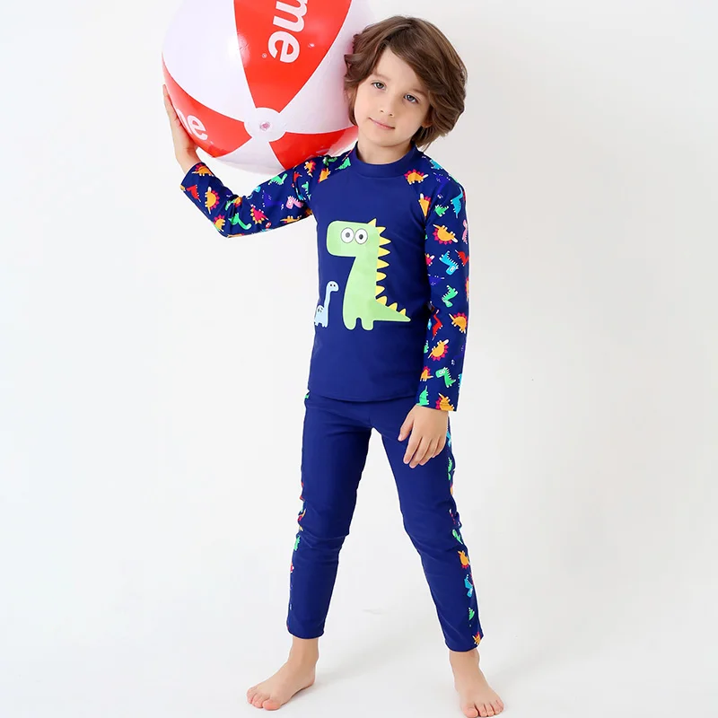 

New Print Dinosaur Two Piece Swimsuit Boys Long Sleeve Pants Surfing Swimwear Child Kartoon Bathing Suit Kids Beach Swim Wear