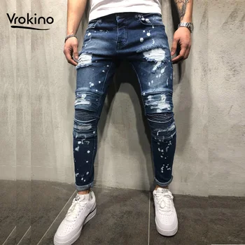 

VROKINO Brand 2019 Men's Designer Shredded Jeans Leisure Fashion Slim Fit Elastic Force Fold Jeans Male Blue Street Pants 38 40