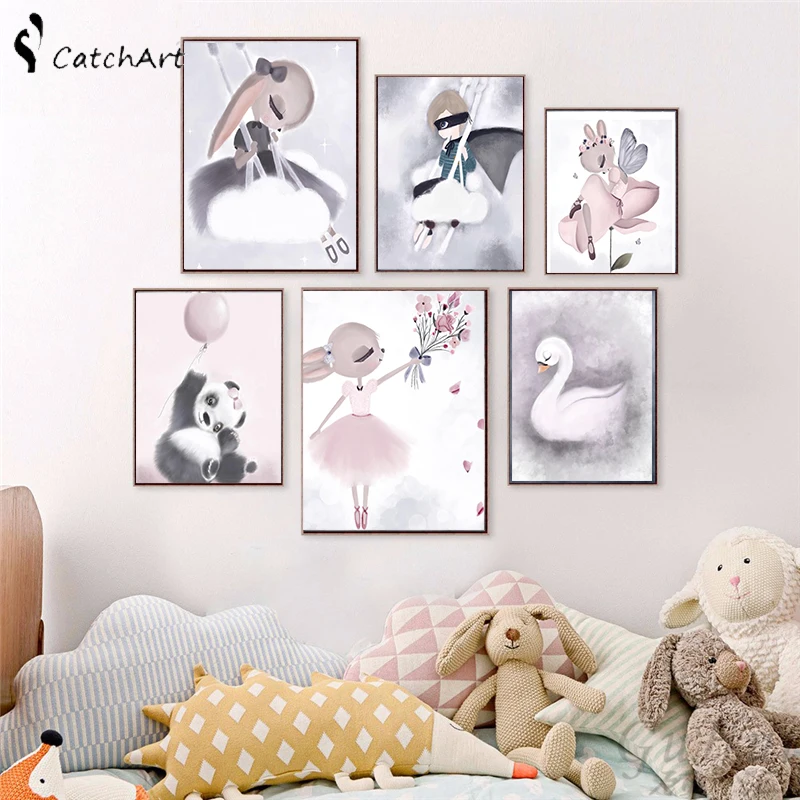 

Nordic Watercolor Cartoon Unicorn Deer Rabbit Girl Canvas Painting Flower Poster Swan Wall Pictures Kids Room Home Decoration