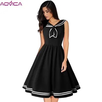

Aovica Retro Vintage 50s 60s Rockabilly Swing Summer female Dresses Women Robe Pin Up Dress Sailor Collar Elegant Tunic Vestidos