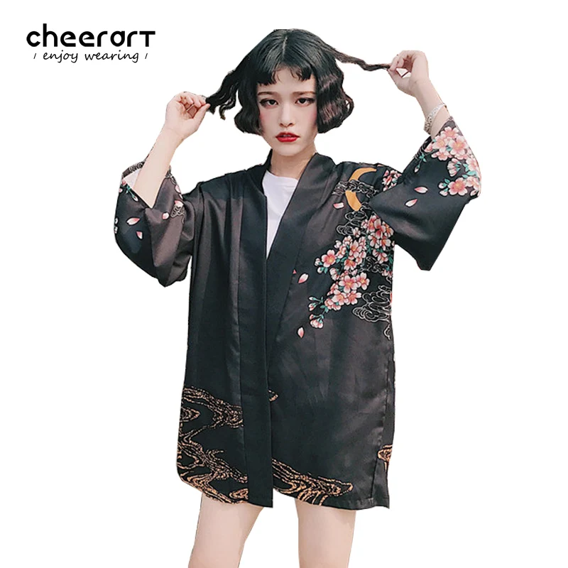 Черное кимоно Cheerart кардиган женская летняя шифоновая блузка с принтом в виде