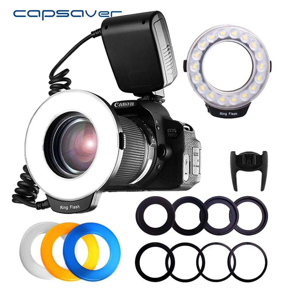 Capsaver 18 piezas SMD LED Macro anillo Luz de Flash para Pentax Canon Nikon Sony Olympus Panasonic Speedlite pantalla LCD CRI 90 RF-600D