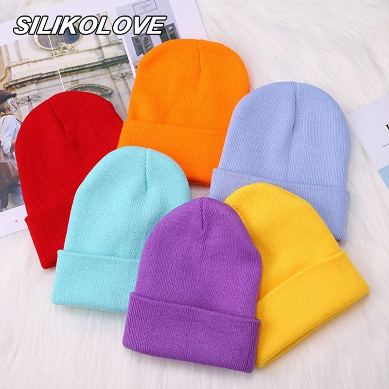 

Fluorescent Warm Sports Winter Hats for Women Female Ladies Skullies Beanie Knitted Hats Skull