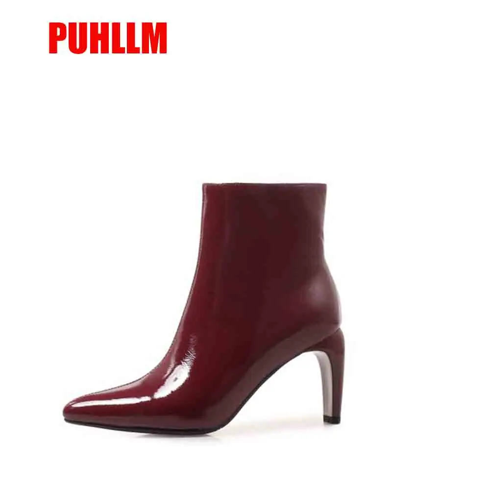 

PUHLLM 2019 Spring and Autumn Martin Boots Pointed Patent Leather Boots High-Heeled Shoes Fashion Temperament Shoes Pumps A68
