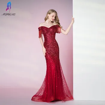 

Off the Shoulder Red Crystals Evening Dresses Long Mermaid Beaded Sequins Formal Evening Gown MSHBLUE