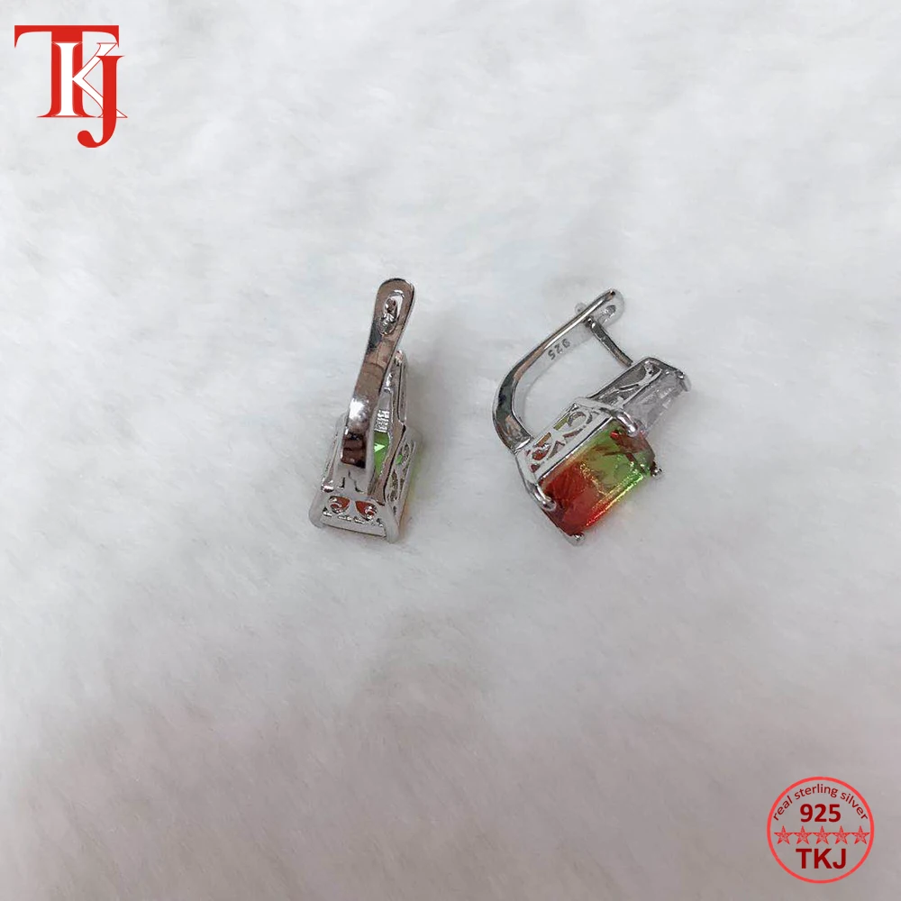 TKJ Настоящее серебро 925 проба серьги гвоздики для женщин вечерние Свадебные Роскошные турмалиновые серьги кубический цирконий ювелирные изделия с камнями