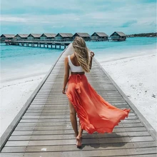 Женская длинная шифоновая юбка макси для выпускного вечера, Пляжная летняя с высокой талией, праздничный сарафан, однотонная длинная юбка с оборками, Saia