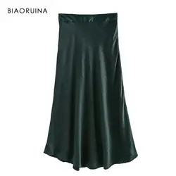BIAORUINA Женская винтажная темно-зеленая шикарная трапециевидная юбка женская модная эластичная юбка с высокой талией длиной до щиколотки
