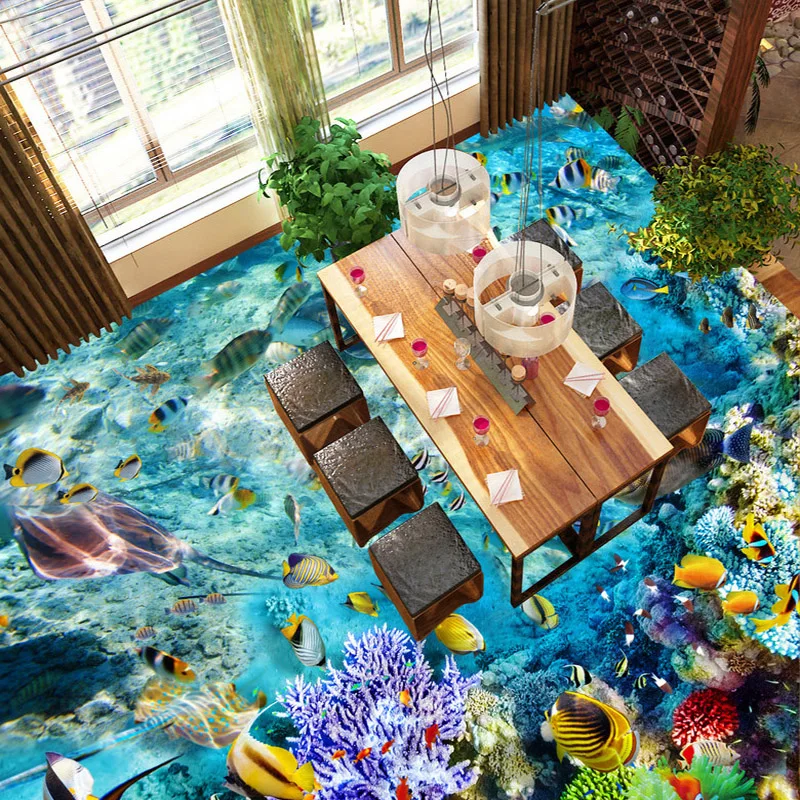 Пользовательские полы обои Подводный мир Рыбы коралловых Туалеты Ванная комната Спальня 3D Пол фрески ПВХ Водонепроницаемый самоклеящиеся