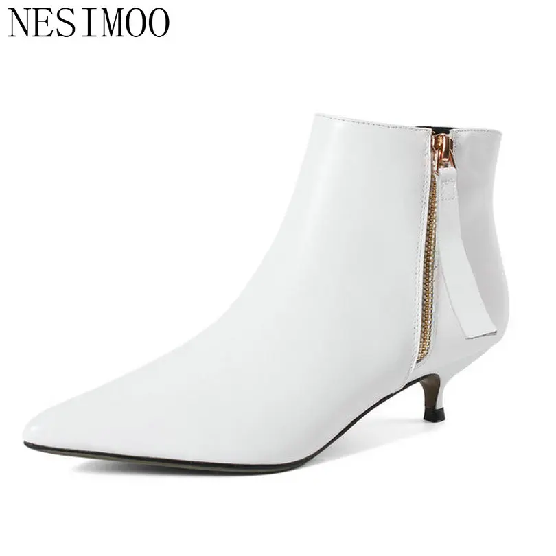 

NESIMOO 2019 Women Shoes Ankle Boots Thin Med Heel Pointed Toe Genuine Leather+PU Zipper Ladies Motorcycle Shoes Size 34-43