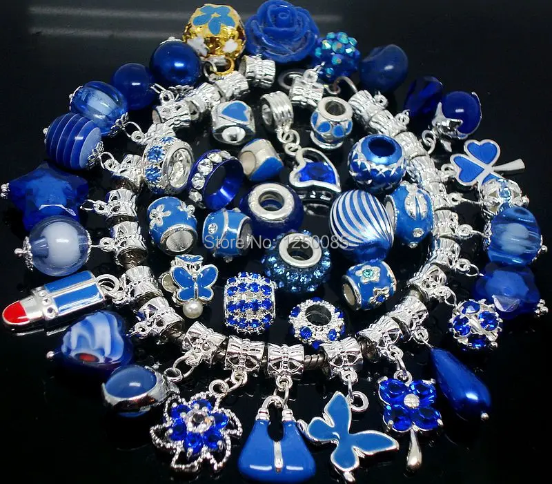 

50PCS/LOT Blue color Mixed style Motley Beads and Pendant Charms Fit European Bracelet and Necklace Jewelry making