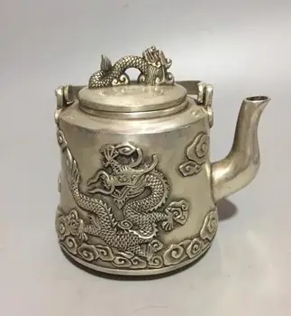 

Collectible white copper carving dragon teapot craft statue